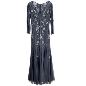 Oleg Cassini 3/4 Sleeve Beaded Gray and Gold Gown with Godets Size 8